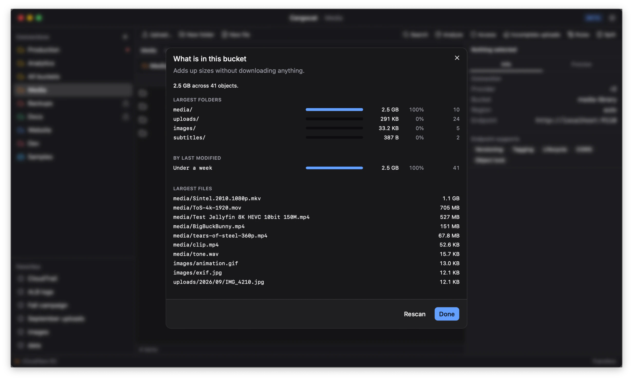 A Cargocat prefix report showing the largest folders and files and when objects were last modified