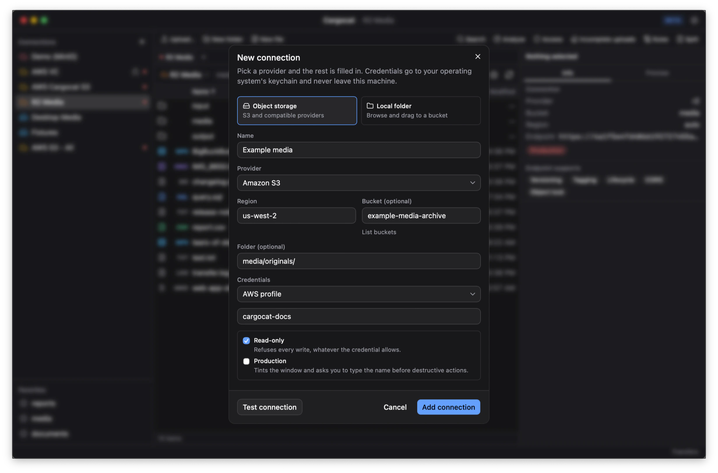Cargocat's New connection dialog filled with a bucket-scoped Amazon S3 example using an AWS profile and Read-only enabled