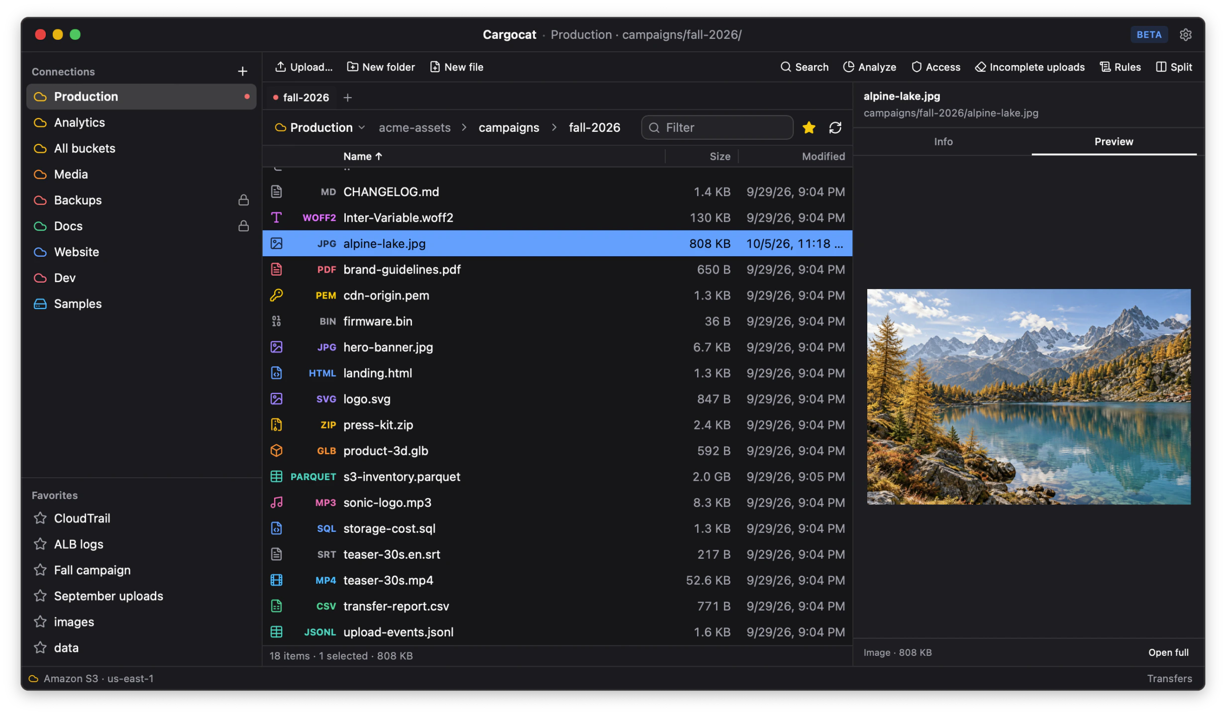 Cargocat previewing an alpine lake JPEG beside a mixed file list in an S3 bucket